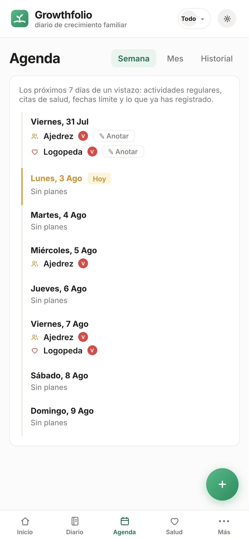 Agenda semanal de Growthfolio con actividades y citas de salud