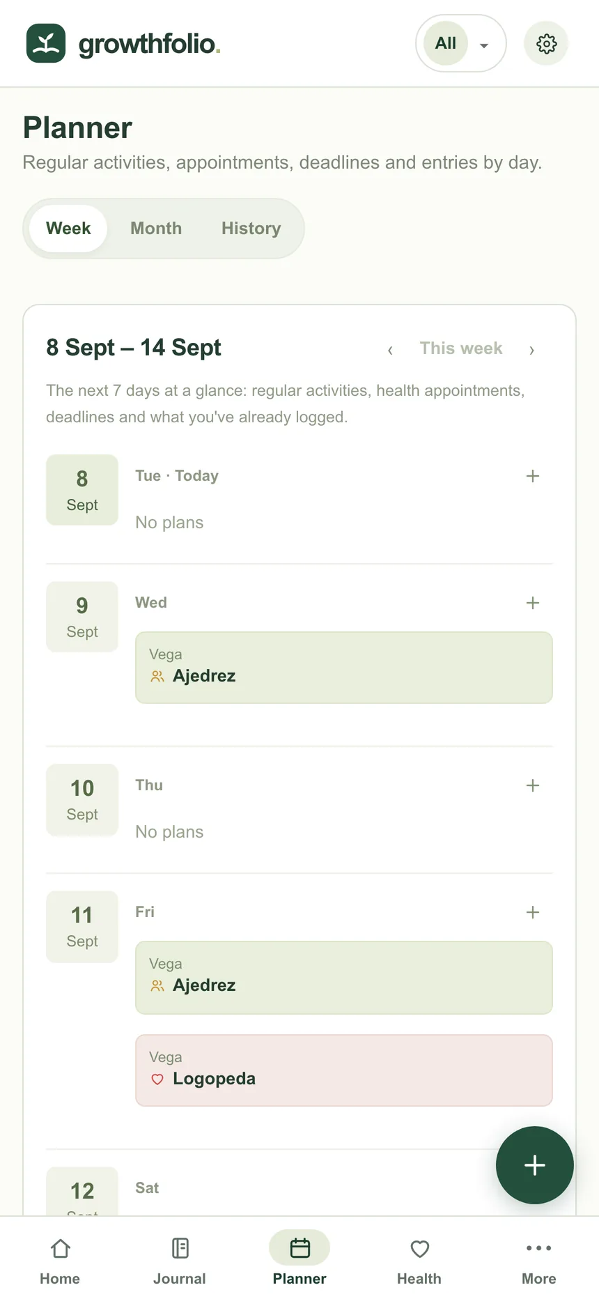 Real Growthfolio planner with the week's activities